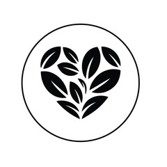Heart Shape Made of Leaves Icon – Eco Friendly Nature Love Symbol in Black Silhouette Style

