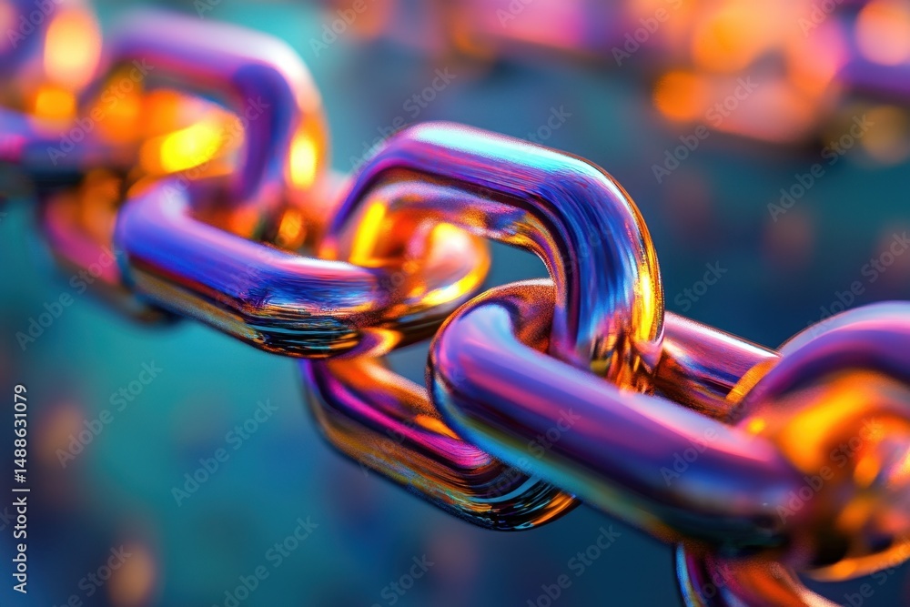 Poster closeup view of vibrant metallic chain links with colorful reflections in bright lighting conditions