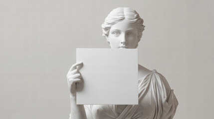 Classical Muse with Blank Canvas: A timeless marble statue of a classical muse, with a serene expression, holds a blank canvas before her, providing an elegant backdrop for your message.