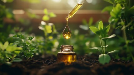 A golden drop of essential oil captured mid-air, falling into a small glass vial, surrounded by fresh medicinal plants,
