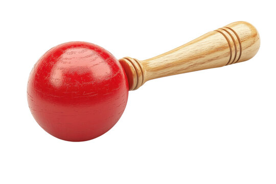 A vibrant red maraca with a light wood handle evokes playful music at a carnival rendered on transparent background