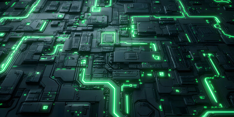 Futuristic Dark Circuit Board with Green Neon Light Patterns