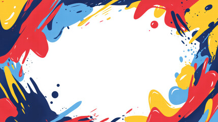 Fototapeta premium Colorful Paint Splatter Frame: A vibrant frame of dynamic paint splatters in red, blue, and yellow, creating a bold and energetic border perfect for adding text or images.