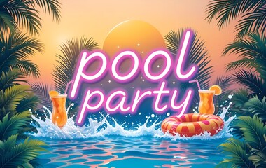Tropical Neon Pool Party Flyer Template with Floating Elements and Sunset Glow
