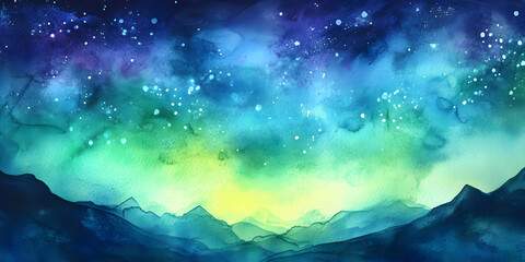 Enchanting Watercolor Night Sky with Stars and Mountain Landscape