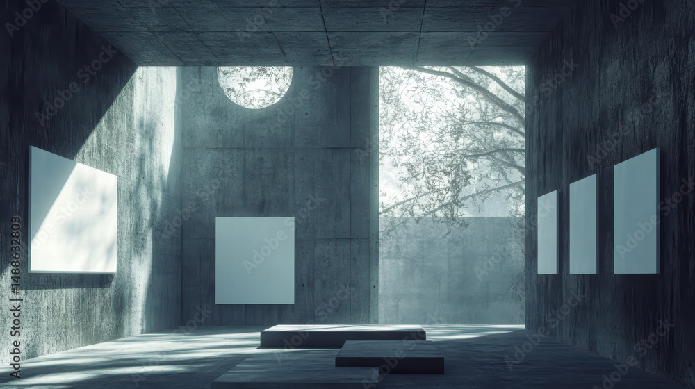 Poster empty gallery: a minimalist art gallery bathed in soft light, featuring empty white canvases against