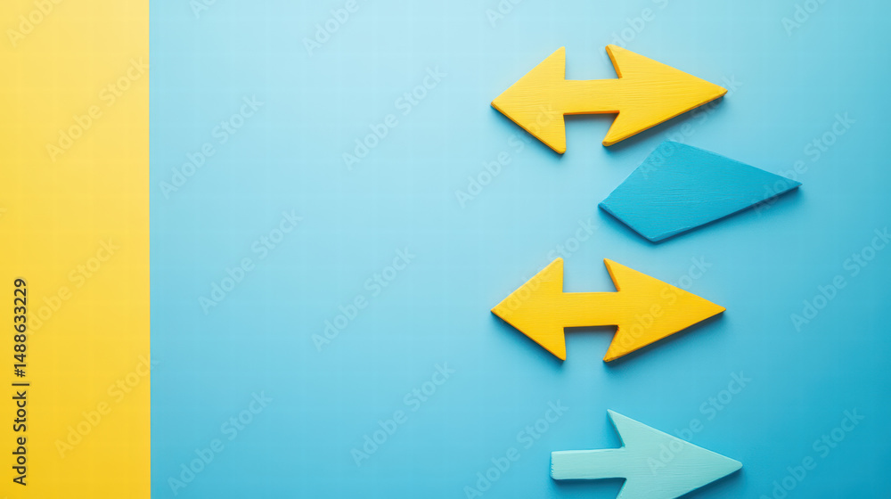 Poster directional dynamics: arrows point in contrasting directions on a vibrant surface, creating a visual