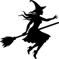 Witch flying over city silhouette vector illustration