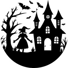 Witch school halloween scene  silhouette vector illustration