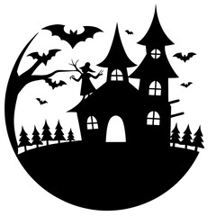 Witch school halloween scene  silhouette vector illustration