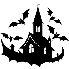 Bats flying from haunted church silhouette vector illustration