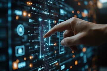 Hand interacting with a digital interface displaying data and technology elements in a modern environment