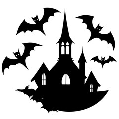 Bats flying from haunted church silhouette vector illustration