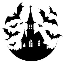 Bats flying from haunted church silhouette vector illustration
