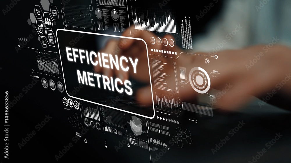 Poster Hands Interacting with Digital Interface Displaying Efficiency Metrics and Data Visualization Elements in a Modern Business Setting. Asymptotic smart data analytic.