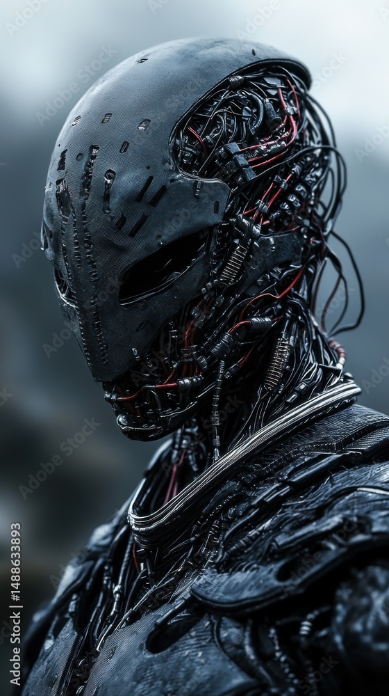 Poster a robot with a metallic face and a chain around its neck