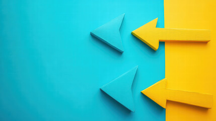 Arrow Direction Dynamics:  vibrant composition, with three arrows in various hues of cyan and yellow, point towards a designated yellow zone, emphasizing transitions, strategies.