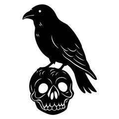 Crow sitting on skull  silhouette vector illustration