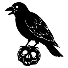 Crow sitting on skull  silhouette vector illustration