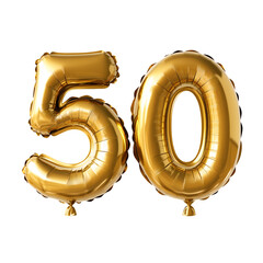 golden helium balloons forming the number fifty on transparent background