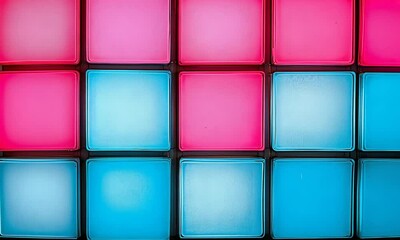 Abstract arrangement of glowing pink and blue squares creating a vibrant pattern