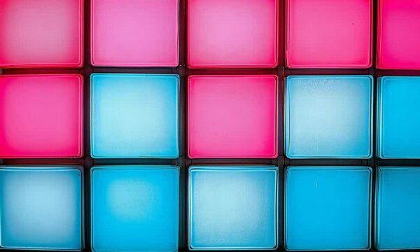 Abstract arrangement of glowing pink and blue squares creating a vibrant pattern