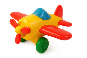 Vibrant toy airplane hovering against transparent backdrop, matching playful design for children's creative graphics and imaginative imagery