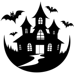  Ghosts flying over spooky mansion silhouette vector illustration