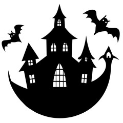  Ghosts flying over spooky mansion silhouette vector illustration