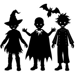 Kids in halloween costumes silhouette vector illustration