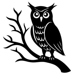  Owl on crooked tree branch  silhouette vector illustration
