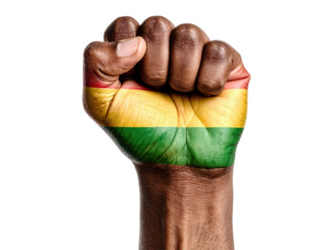 A clenched fist with the colors of a flag painted on it against a transparent background symbolizes strength solidarity and pride