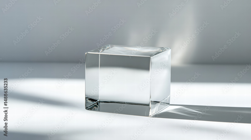 Poster crystal cube's light play: capturing the delicate interplay of light and shadow, showcasing a transp