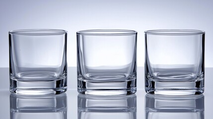 Three empty glasses on a reflective surface.