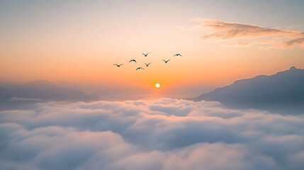 Obraz premium Sunrise with Birds, Mountains, and Clouds.