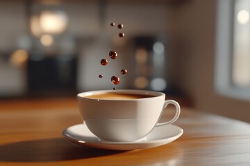 Obraz premium Coffee droplet gracefully falls into a steaming cup of coffee in a cozy kitchen setting, 3d coffee droplet falling into a cup of coffee in slow motion
