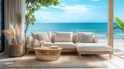 Coastal living room with a sectional sofa overlooking the ocean