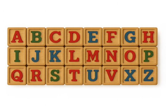 Colorful letters of the alphabet are displayed on wooden toy blocks, isolated on a transparent background, ready for compositing