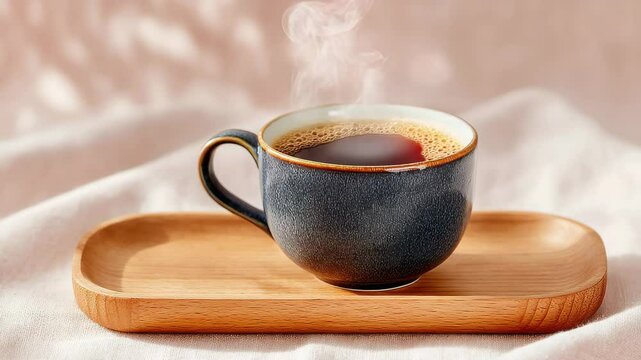  Ceramic mug tray Steaming Cup of Coffee in Ceramic Mug on Wooden Tray with Soft Morning Light