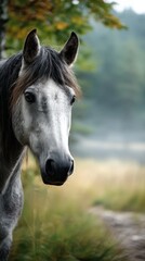 Fototapeta premium Majestic gray horse gazing gently in a misty meadow during the early morning hours