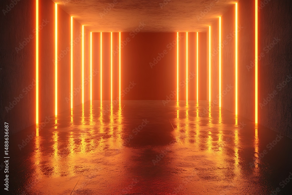 Poster futuristic corridor with glowing neon lights. 3d rendering