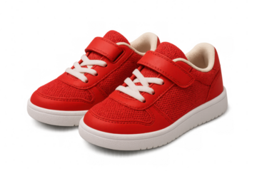 Kids' red sneakers floating on clear backdrop, highlighting playful footwear design for fashion graphics and creative compositions