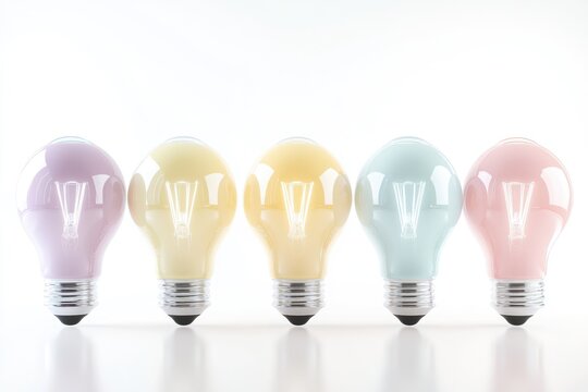 A row of five differently colored, lit light bulbs against a white background, symbolizing ideas and innovation. - Powered by Adobe
