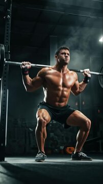 Muscular athlete performs heavy barbell squat in a gritty gym with dramatic lighting, showcasing strength, dedication and peak physical condition, for fitness motivation and sports advertising