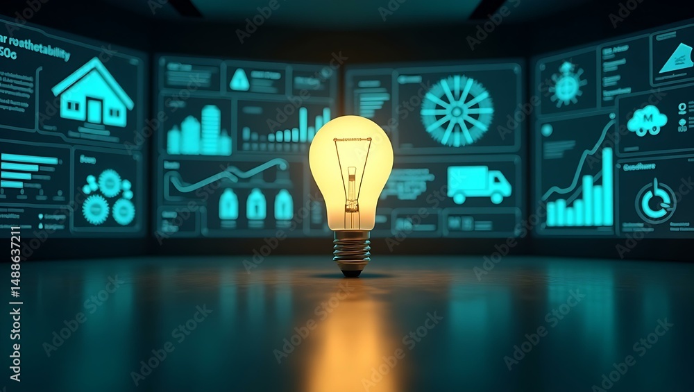 Poster glowing light bulb on reflective surface surrounded by infographic panels displaying smart city and 
