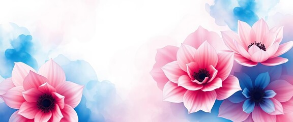 Soft, dreamy watercolor blooms in blue and pink hues, abstract floral design, fluid, flowers