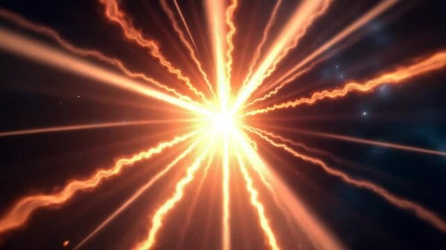 Bright explosions with flashes of rays. Motion. Flashes of energy with bright star in center. Cosmic explosions of stars and emissions of energy rays