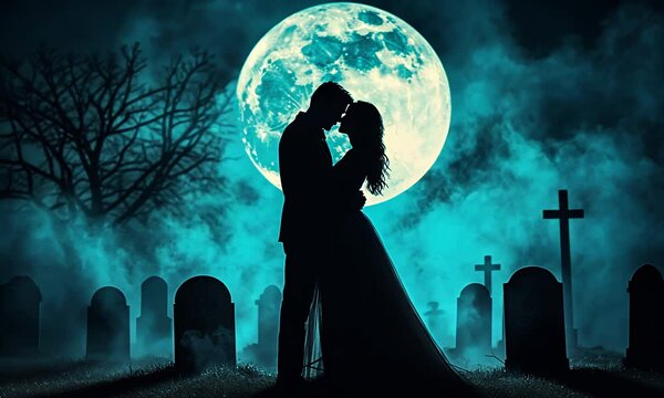 Silhouette of couple in embrace with moon behind them, amidst graveyard and trees, showcasing romantic dark theme