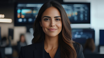 Fototapeta premium A woman with long brown hair is smiling at the camera
