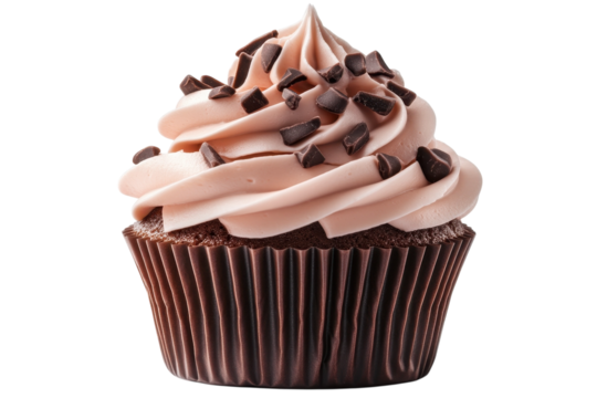 Indulge in a rich chocolate cupcake swirled high with creamy pink frosting and scattered with on transparent background